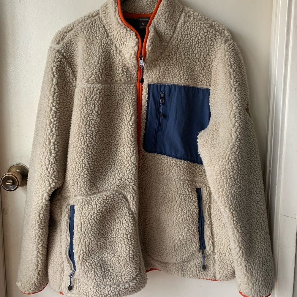 Women's Cream Sherpa Jacket with Blue Accents